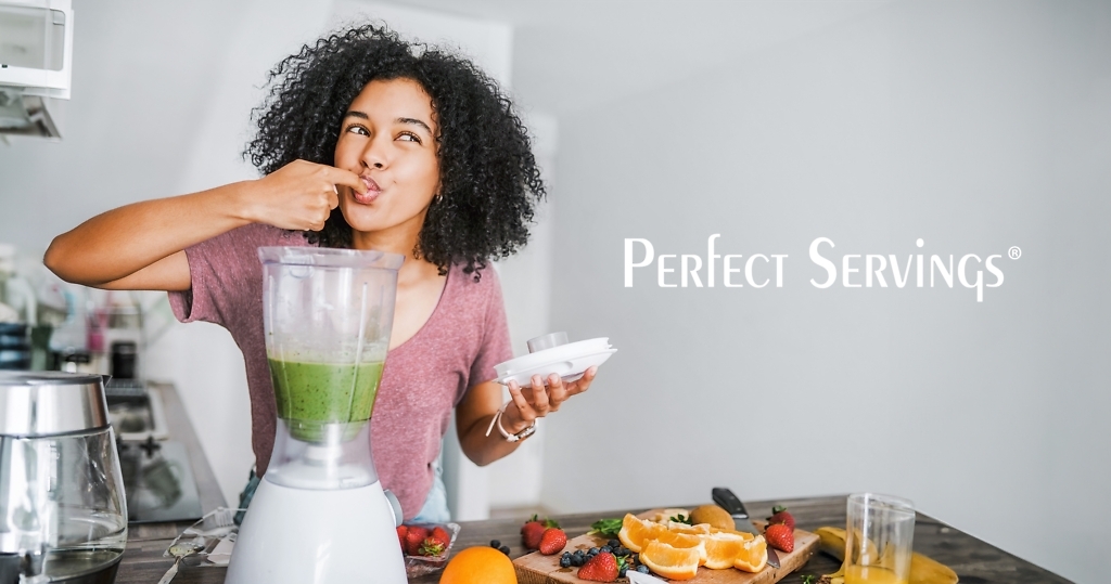 Woman in kitchen making a fruit smoothie, layered with Perfect Servings logo