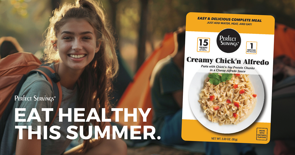 Female youth with backpack, other campers and tent in background, Creamy Chickn Alfredo meal in foreground, text reading Eat Healthy This Summer