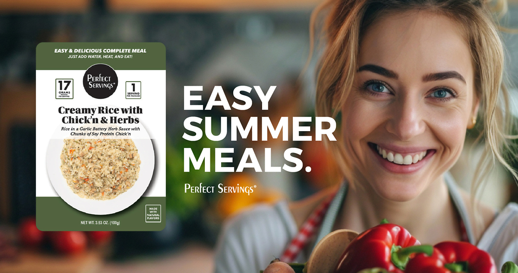 Woman with red peppers, Perfect Servings meal pictured at left, text reads Easy Summer Meals.