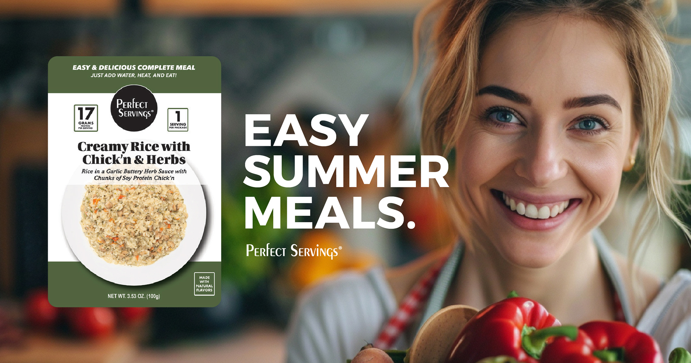 Woman with red peppers, Perfect Servings meal pictured at left, text reads Easy Summer Meals.