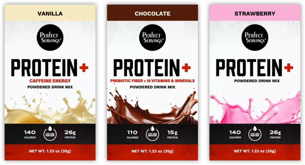 Protein+ Vanilla, Chocolate and Strawberry drink mix packages