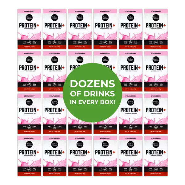 Dozens of drinks in every box of PROTEIN+ Strawberry Drink Mix