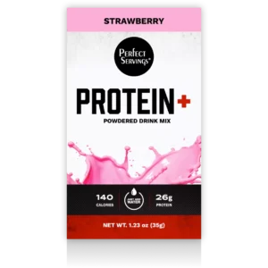 Protein+ Strawberry Powdered Drink Mix package front