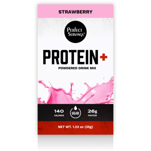 Protein+ Strawberry Powdered Drink Mix package front