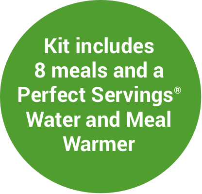 Kit includes 8 meals and a Perfect Servings Water and Meal Warmer