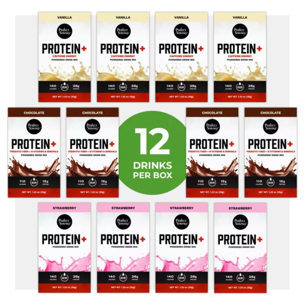 Protein+ Variety Pack showing 4 Vanilla, 4 Chocolate, 4 Strawberry mixes